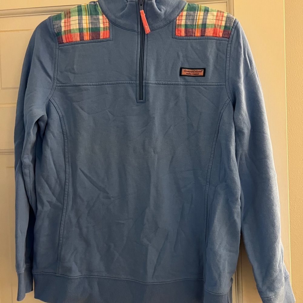 Vineyard Vines Shep Shirt Half-Zip Sweater Light Blue Madras
